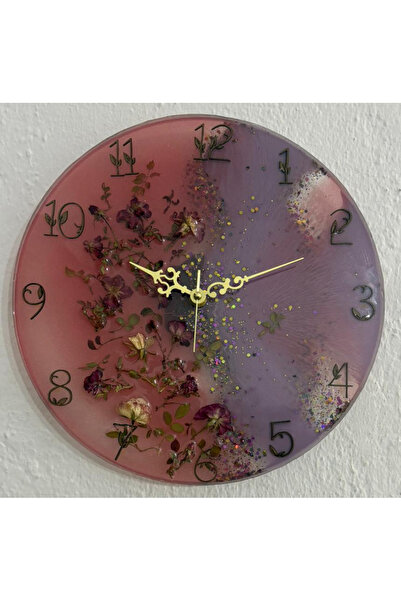 Pelince - Pembe Mor Tomurcuk Güllü Epoksi Duvar Saati (Özel Tasarım - Tek Üre...