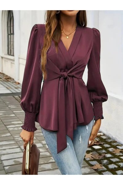 REKA MODA Women's Long Sleeve Double Breasted Collar Front Tie Imported Crepe Blouse