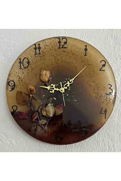 Pelince - Beyaz Gül - Koyu Kahverengi - Epoksi Duvar Saati (Özel Tasarım - Tek Üretim) - 30 cm