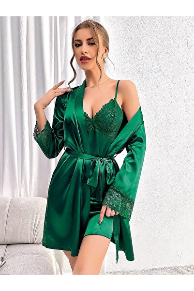 Viselya Set de dantelă cămăși de noapte și halate din satin verde