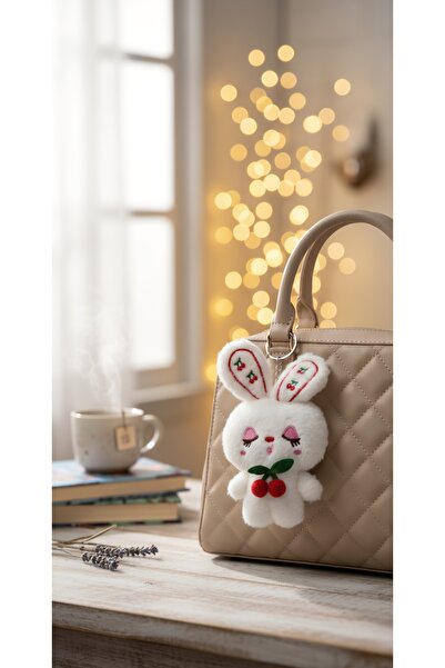 Şirin Sevimli Kiraz Desenli Peluş Tavşan Anahtarlık Çanta Süsü