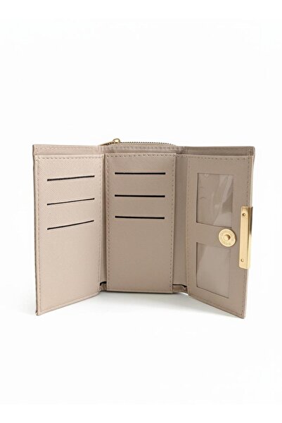 FABRİCA WEAR Women's Cream Gold Detailed Embossed Lettering Mini Wallet with Card Compartment