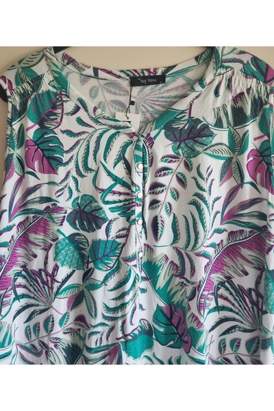 FOR ESRA BIG TREND Women's Plus Size Patterned V-Neck Half Placket Button Sleeveless Stretchy Viscose Blouse