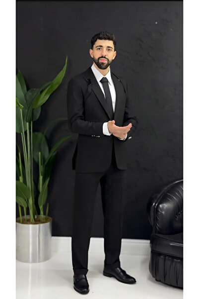 AKKAD MODA Siyah Erkek Şık Takım Elbise – Düğün ve Özel Günler İçin 5’li Set (Omuz Kemeri Modeli)