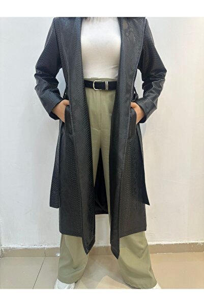 CyRo Kadın Deri Yılan Desenli Trençkot