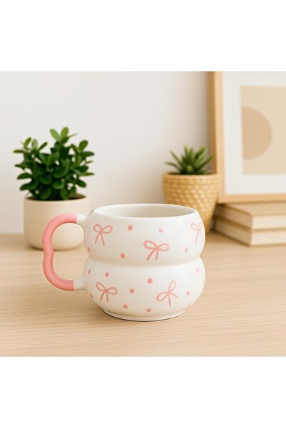 SırART Katmerli Handle Pink Bow Patterned Special Embossed Hand Embroidered Handmade Ceramic Mug
