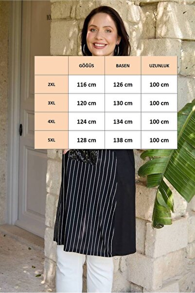 FOR ESRA BIG TREND Women's Plus Size Block Striped Chest Sequin Detail Long Sleeve Viscose Woven Tunic Shirt