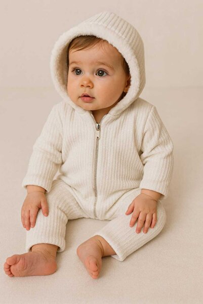 Lino Baby Kapşonlu İçi Polar Fermuarlı %100 Pamuk Kız Bebek Tulum 6-18 ay