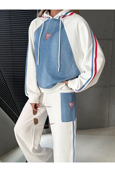 bonibon butikk Women's Quality Luxury Clothing Hooded Denim Detailed Bottom-Top Set