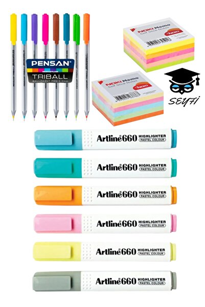 SEYFİKİRTASİYE 6 قطع من أقلام التظليل، 8 قطع من أقلام الحبر الجاف، مجموعة كتابة من الورق اللاصق النيون والباستيل