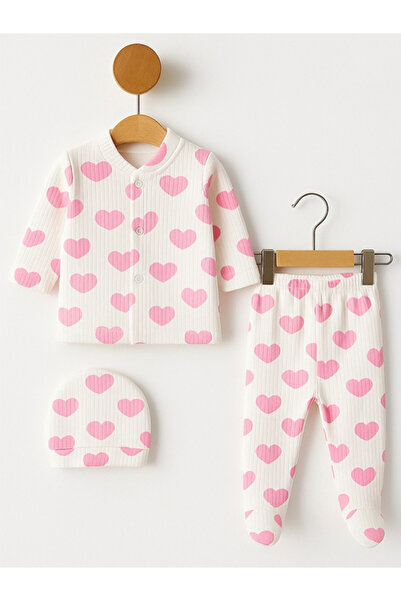 Fitilli Kumaş % 100 Pamuk Sevimli Kalp Desenli Yenidoğan Bebek Zıbın Takımı