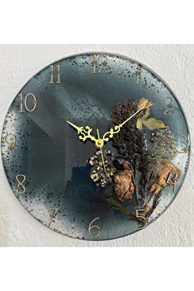 Pelince - Kuru Gül ve Doğal Çiçekli - Siyah - Epoksi Duvar Saati (Özel Tasarım - Tek Üretim) - 30 cm