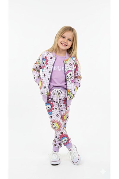 ARBİ kids Girls' Labubu Two-Thread Double-Layered Three-Piece Cardigan Suit with Embroidery Details