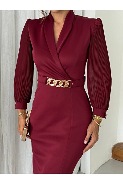 asyadabutik Rochie de seară și rochie de invitație de nuntă cu mâneci plisate și curea aurie pentru femei