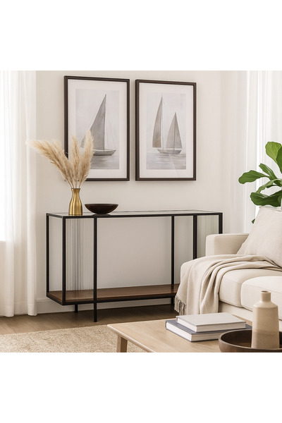 Vi Markets Modern glass console with a wooden touch and simple elegance that suits various spaces.