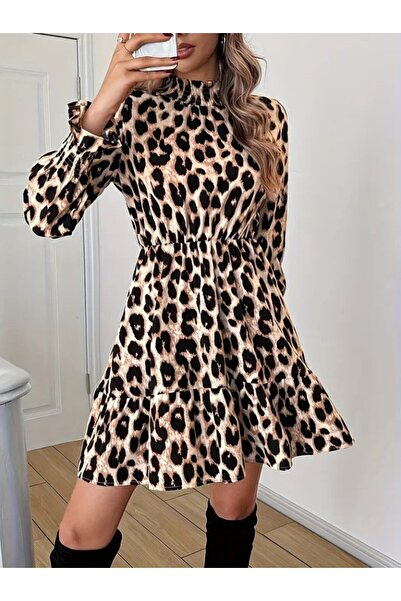 JANES Γυναικείο μίνι φόρεμα με μακρύ μανίκι με λεοπάρ στάμπα