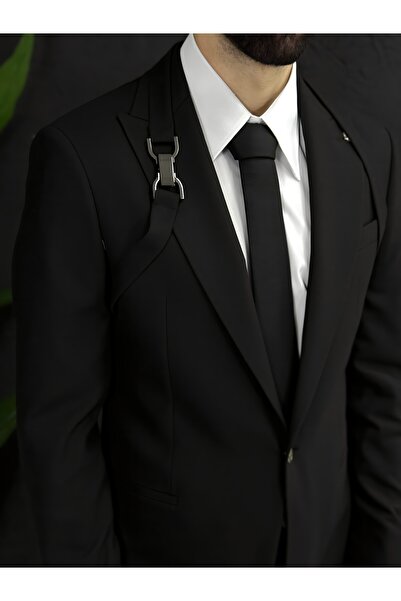 AKKAD MODA Siyah Erkek Şık Takım Elbise – Düğün ve Özel Günler İçin 5’li Set (Omuz Kemeri Modeli)