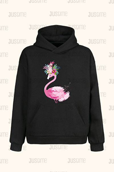 Justime سترة بقلنسوة سوداء بتصميم Swan Front Print للجنسين مع جيوب - خيطان - ...