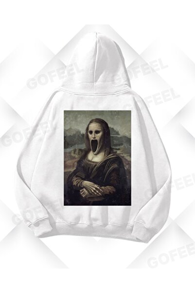 Gofeel Hanorac unisex supradimensionat cu imprimeu Scream Mona Lisa alb