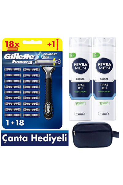 Gillette Sensor3 Tıraş Makinesi + 18 Yedek Tıraş Bıçağı+ 400 ML JEL +Çanta