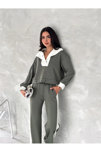 LİFERA Women's Shawl Collar Side Stripe Detail, Elastic Waist, Lace-Up Modal Fabric Tracksuit Set