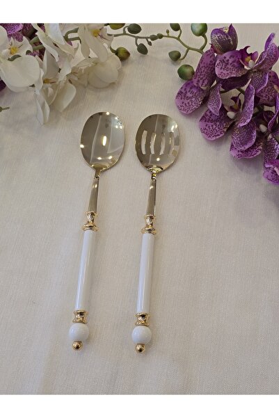 AlyaHomeAksesuar 2 Piece Rustic Porcelain Salad Serving Spoon Set All Gold