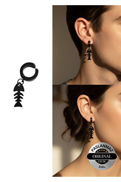 Lynare Sıkıştırmalı Deliksiz Trend Balık Kılçığı Model Sallantılı Erkek Kadın Unisex Çelik Siyah Küpe 1 Ad.