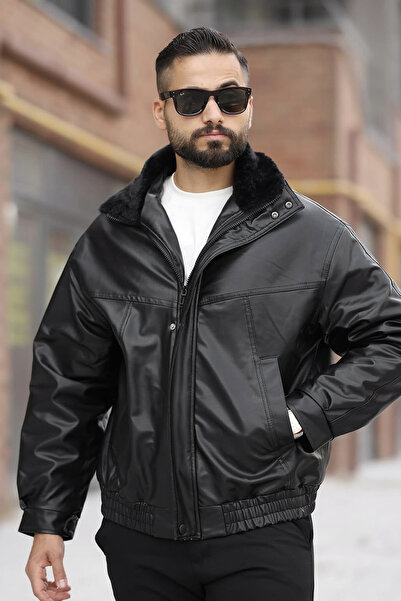 BELİZMOD Νέας σεζόν Γούνινος Γιακάς Oversize Άνετο Ανδρικό Δερμάτινο Παλτό Μαύρο