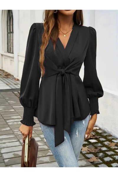 Gökyüzü Moda Women's Long Sleeve Double Breasted Collar Front Tie Imported Crepe Blouse