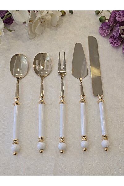 AlyaHomeAksesuar 5 Piece Rustic Porcelain Serving Spoon Set All Gold