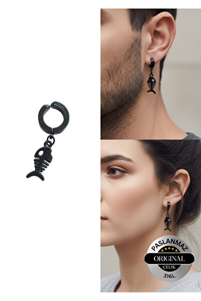 Lynare Compression Hole-Free Trendy Fish Figured Dangle Men's Women's Unisex Steel Black Earrings 1 Piece