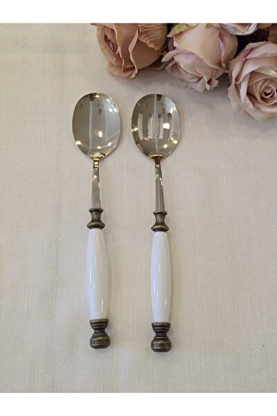 AlyaHomeAksesuar 2 Piece Porcelain Salad Serving Spoon Set Antique Titanium