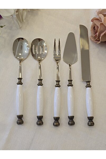 AlyaHomeAksesuar 5 Piece Porcelain Serving Spoon Set Antique Titanium
