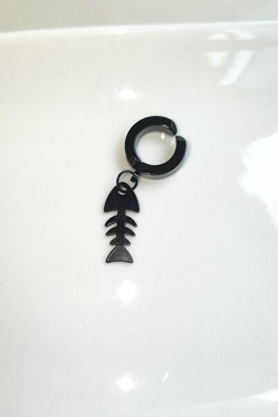 Lynare Sıkıştırmalı Deliksiz Trend Balık Kılçığı Model Sallantılı Erkek Kadın Unisex Çelik Siyah Küpe 1 Ad.