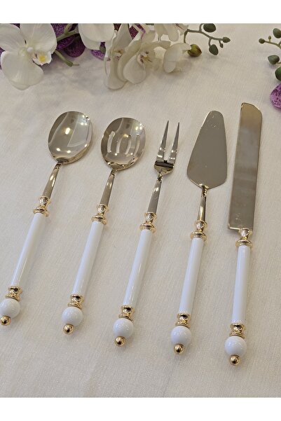 AlyaHomeAksesuar 5 Piece Rustic Porcelain Serving Spoon Set All Gold
