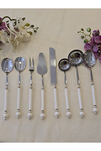AlyaHomeAksesuar 8 Piece Rustic Porcelain Serving Spoon Set Silver