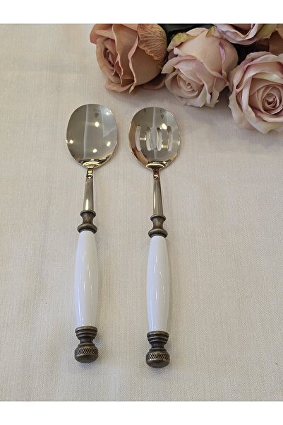 AlyaHomeAksesuar 2 Piece Porcelain Salad Serving Spoon Set Antique Titanium