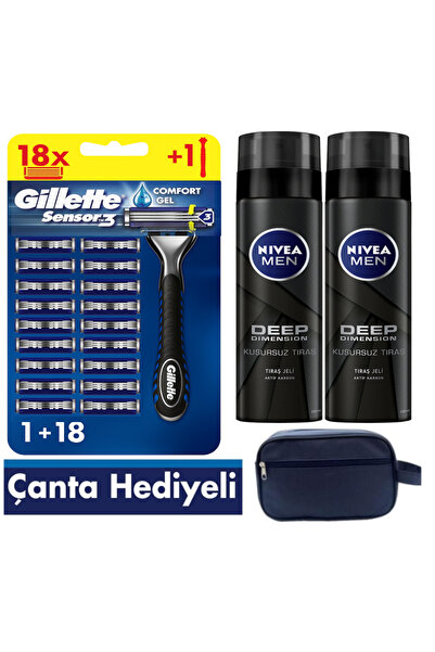 Gillette Sensor3 Tıraş Makinesi + 18 Yedek Tıraş Bıçağı+ 400 ML JEL +Çanta