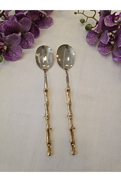AlyaHomeAksesuar Bambu 2 Piece Salad Serving Spoon Set Gold