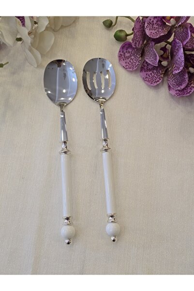 AlyaHomeAksesuar 2 Piece Rustic Porcelain Salad Serving Spoon Set Silver