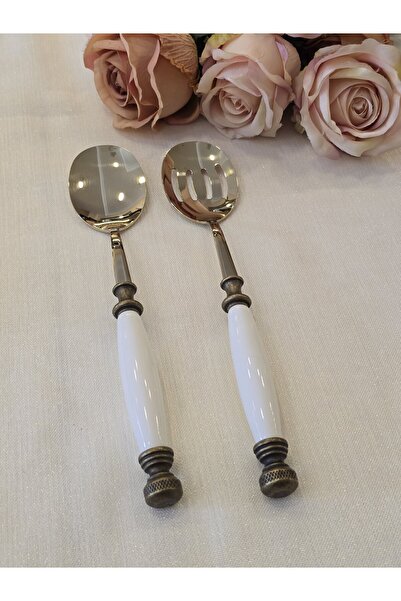 AlyaHomeAksesuar 2 Piece Porcelain Salad Serving Spoon Set Antique Titanium