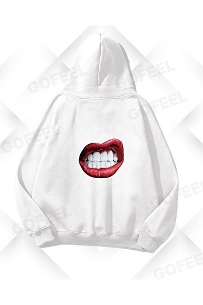 Gofeel Hanorac unisex supradimensionat cu imprimeu cu buze albe și roșii