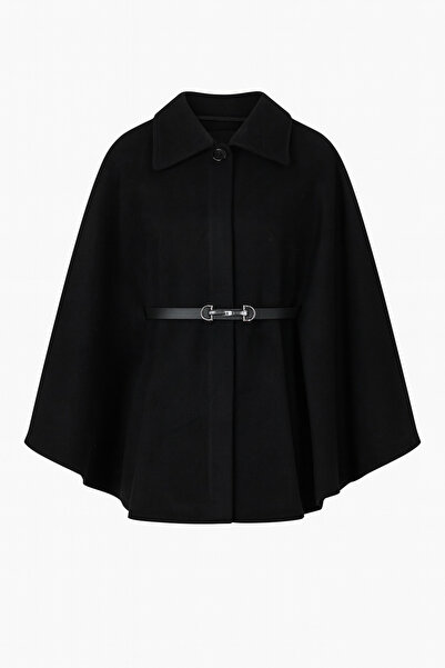 SKYBEAR Women's Black Belt Detailed Cashmere Poncho