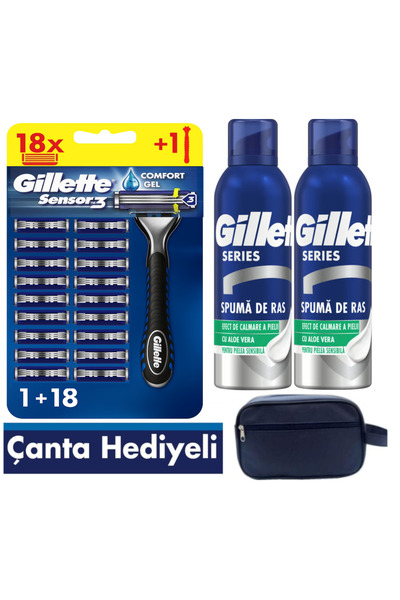 Gillette Sensor3 самобръсначка + 18 резервни остриета + 600 мл пяна + чанта