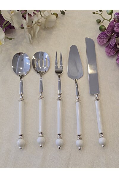 AlyaHomeAksesuar 5 Piece Rustic Porcelain Serving Spoon Set Silver