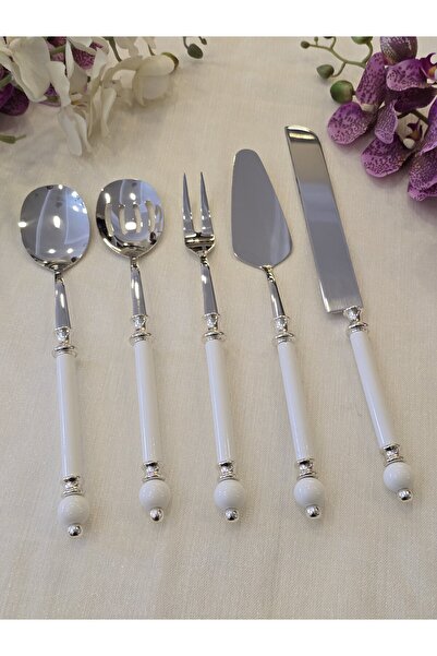 AlyaHomeAksesuar 5 Piece Rustic Porcelain Serving Spoon Set Silver