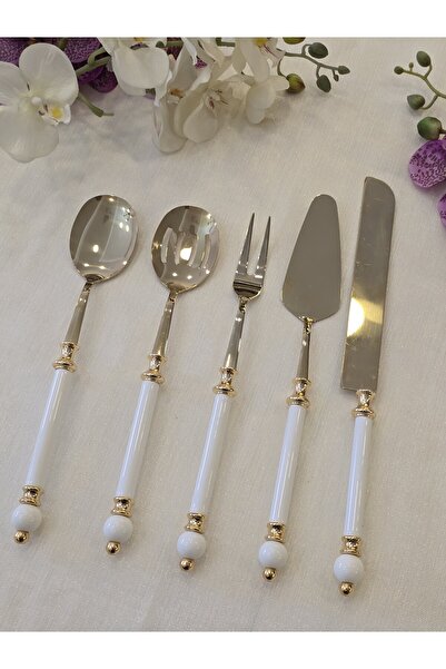 AlyaHomeAksesuar 5 Piece Rustic Porcelain Serving Spoon Set All Gold