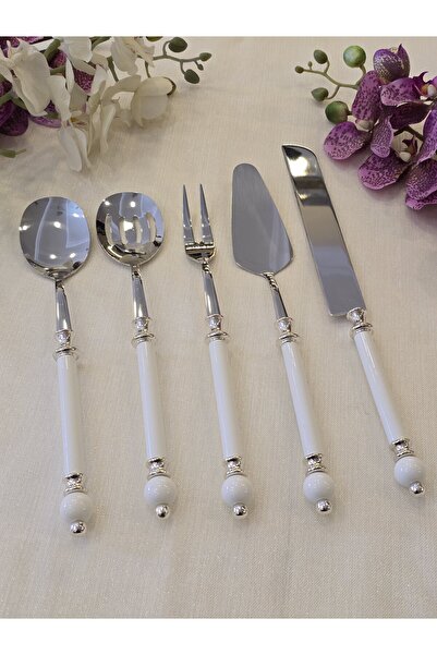AlyaHomeAksesuar 5 Piece Rustic Porcelain Serving Spoon Set Silver
