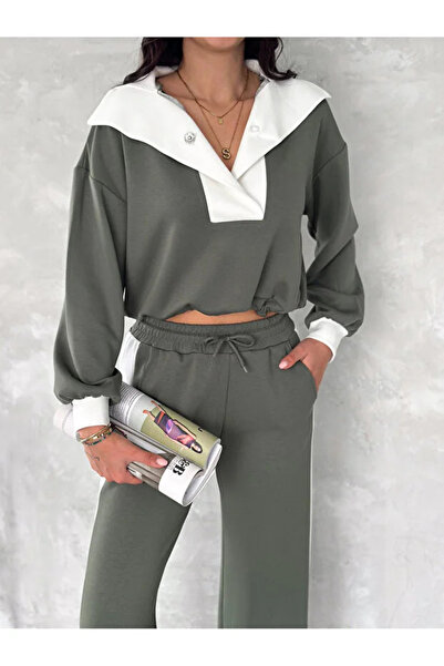 LİFERA Women's Shawl Collar Side Stripe Detail, Elastic Waist, Lace-Up Modal Fabric Tracksuit Set