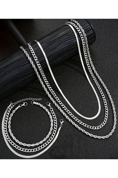 renery 6 ADET SET Paslanmaz Çelik Erkek Zincir Bileklik ve Kolye Seti - Karar...